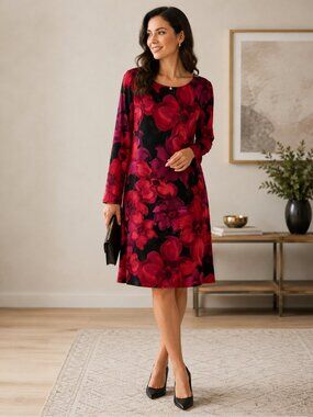 MSK Black Red and Magenta Floral Long-Sleeve Shift Dress